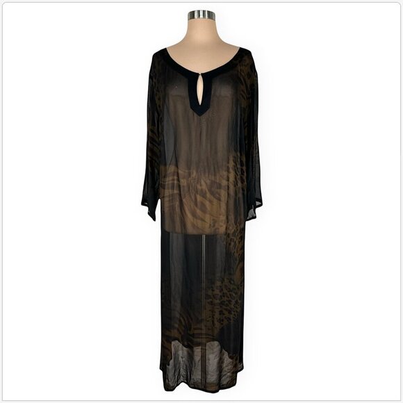 Marina Rinaldi Italy Black Brown Animal Print Sheer Viscose Maxi Dress 27 US 18 - Picture 1 of 7